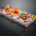 Abundant Assorted Dishes Fruits And Drinks On Long Table With Tablecloth And Wooden Legs