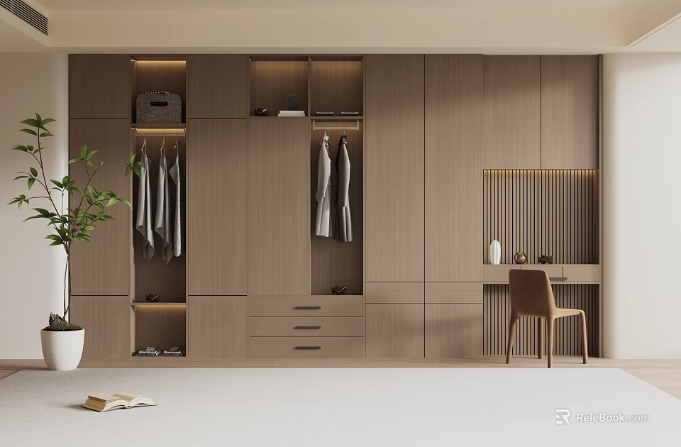 Modern Wooden Wardrobe Design With Compartments Hanging Areas Drawers And Side Desk Chair 3d model 