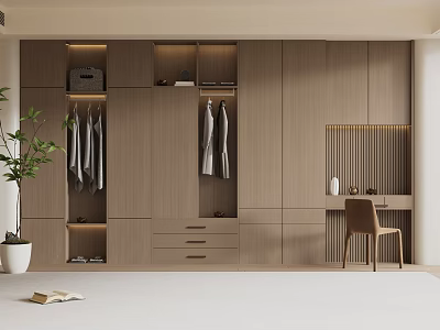 Modern Wooden Wardrobe Design With Compartments Hanging Areas Drawers And Side Desk Chair 3d model