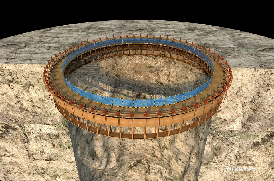 Large Circular Industrial Equipment With Metal Framework Installed In Mountain Terrain 3d model 