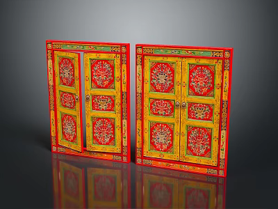 Traditional Furniture Two Red Framed Yellow Panel Cabinets With Intricate Decorative Patterns 3d model