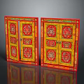 Traditional Furniture Two Red Framed Yellow Panel Cabinets With Intricate Decorative Patterns