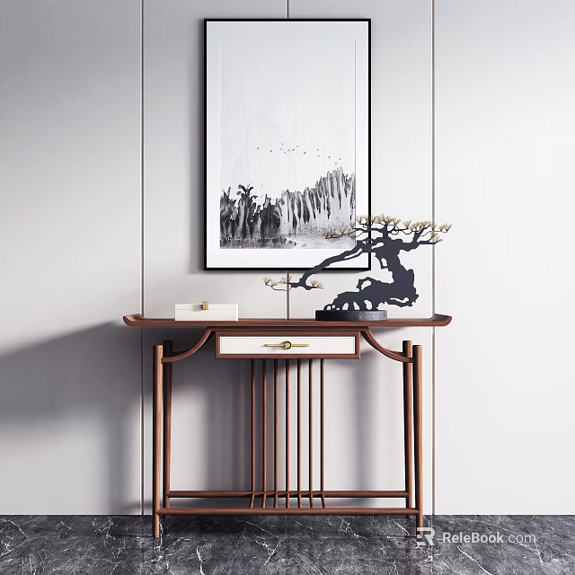 Elegant Modern Entryway Console Table With Wooden Frame Drawer Tabletop And Decorative Items 3d model