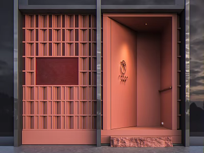 Modern Storefront With Red Grid Panel Pink Door Logo And Stone Entrance Step 3d model