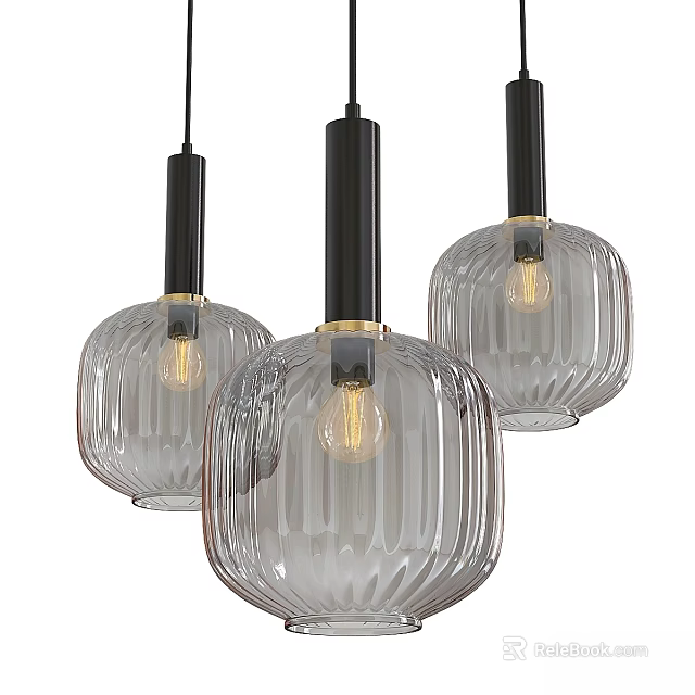 Modern Transparent Glass Pendant Lights With Ribbed Design Black Stems And Visible Bulbs 3d model 