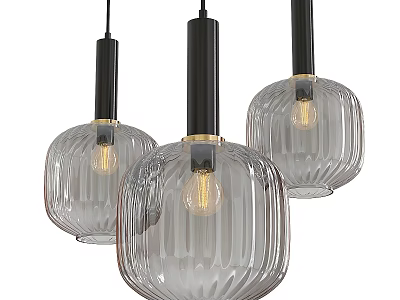 Modern Transparent Glass Pendant Lights With Ribbed Design Black Stems And Visible Bulbs 3d model