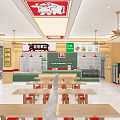 Chongqing Noodles Restaurant Green Wooden Interior With Order Counter Red Stools Menu Posters Ceiling Fans