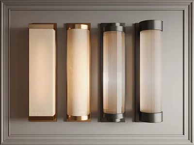 Modern Gold and Black Wall Lamps with Textured Shades on Grey Framed Wall 3d model
