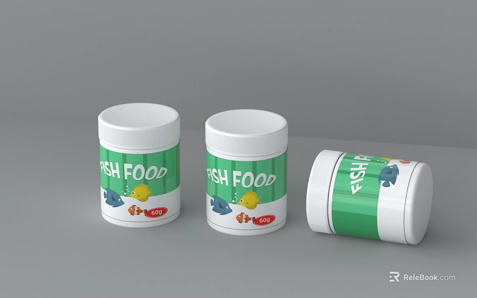 Three Fish Food Containers With Green White Label And Fish Illustrations 3d model 