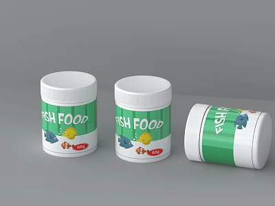 Three Fish Food Containers With Green White Label And Fish Illustrations 3d model