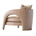 Modern Brown Leather Leisure Chair with Curved Armrests and Patterned Cushion