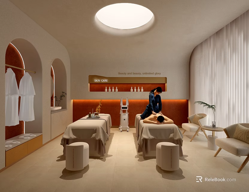 Beauty Spa Massage Therapy Room With Relax Renew Revive Sign And White Robes 3d model 