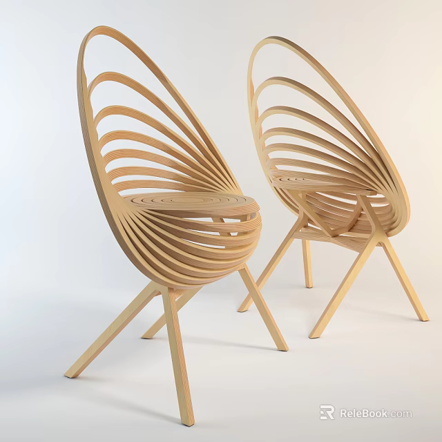Modern Single Chair With Slatted Wooden Back Curved Design And Sturdy Legs 3d model 