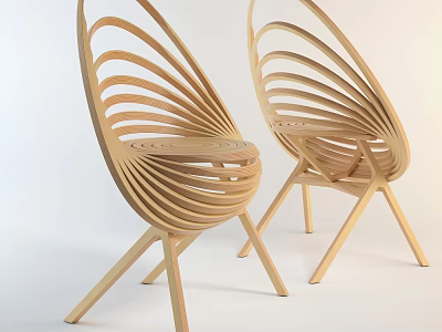 Modern Single Chair With Slatted Wooden Back Curved Design And Sturdy Legs 3d model
