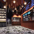 Modern Industrial Restaurant Interior With Green Plant Wall Hanging Lights And Dining Tables