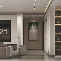 Modern Living Dining Room Interior With Gray Cabinets Dining Table And Display Shelves