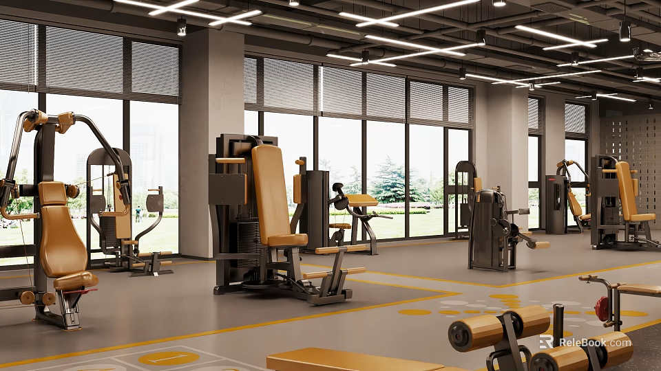 Modern Gym Interior With Fitness Equipment And Natural Light From Large Windows 3d model 