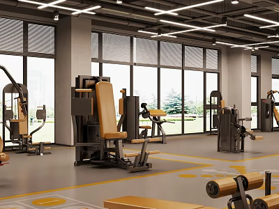 Modern Gym Interior With Fitness Equipment And Natural Light From Large Windows 3d model