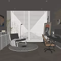 Modern Home Study Room with Large Window Blinds Floating Bookshelves Desk Office Chair and Framed Artwork