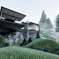 Modern Detached Villa on Hillside With Cantilevered Structure And Natural Rocks Greenery