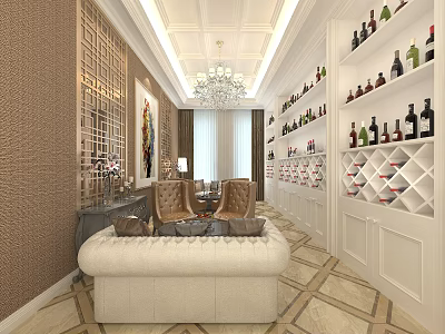 Elegant Wine and Tobacco Shop Interior with Wine Racks Display Shelves and Comfortable Seating 3d model