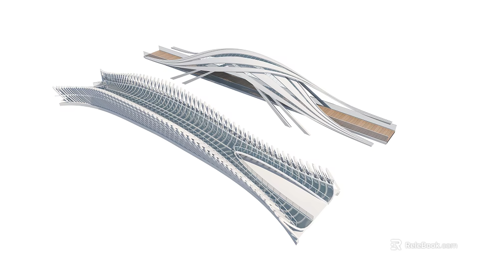 Modern Landscape Bridge Design With Streamlined Steel Frame And Wooden Deck 3d model 