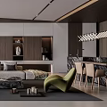 Modern Living And Dining Room Interior With Gray Sofa Bookshelves Fireplace And Green Armchair