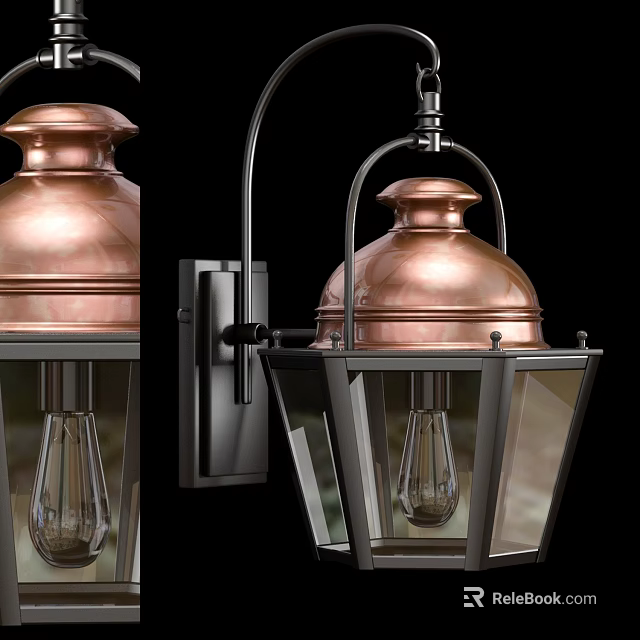 Classic Traditional Wall Sconce With Copper Dome Black Frame And Glass Panels 3d model 