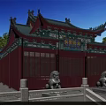 Ancient Chinese Architecture with Green Roof Red Structure Stone Lions Visitors Trees Under Blue Sky