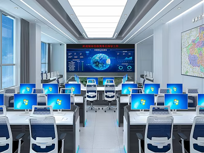 Modern Control Room With Multiple Computer Screens Data Display And Map 3d model