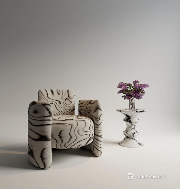 Zebra Pattern Armchair With Side Table Holding Purple Flowers In Neutral Space 3d model