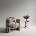 Zebra Pattern Armchair With Side Table Holding Purple Flowers In Neutral Space 3d model