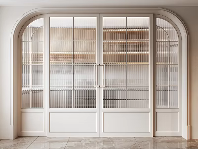 White Framed Arched Sliding Doors With Glass Panels In Modern Interior With Marble Flooring 3d model