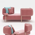 Pink Upholstered Chaise Lounge With Light Blue Cushions And Golden Legs