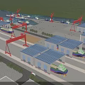 Birds Eye View Planning of Industrial Zone With Warehouses Docks And River Surrounded By Trees