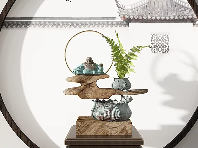 New Chinese Style Ornaments Round Background Water Fortune Ornaments Buddha Lotus Flower Pot Root Carving Ornaments 3d model