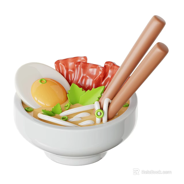 Delicious Ramen Bowl With Soft Boiled Egg Sliced Meat Green Vegetables And Chopsticks 3d model 