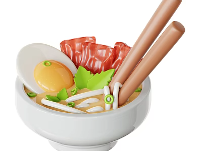 Delicious Ramen Bowl With Soft Boiled Egg Sliced Meat Green Vegetables And Chopsticks 3d model