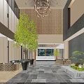 Modern Hotel Lobby Interior With Chandelier Green Plants And Wooden Panels
