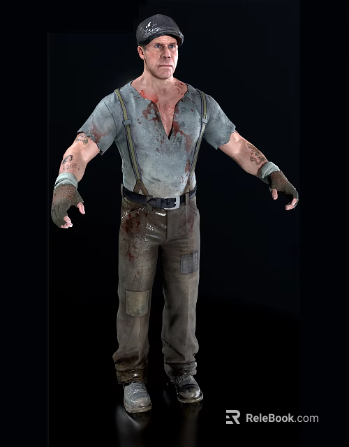 Man With Gray Shirt Suspenders Blood Stains Tattooed Arms Dark Gloves And Brown Work Pants 3d model 