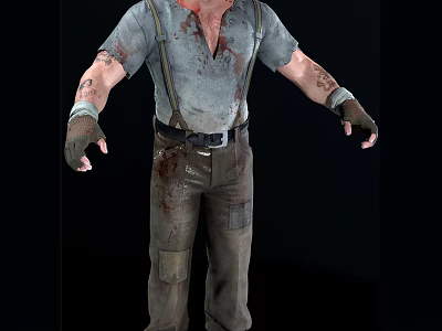 Man With Gray Shirt Suspenders Blood Stains Tattooed Arms Dark Gloves And Brown Work Pants 3d model