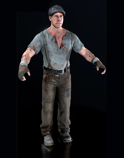 Man With Gray Shirt Suspenders Blood Stains Tattooed Arms Dark Gloves And Brown Work Pants 3d model