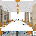 Modern Office Design With White Desks Orange And White Chairs Windows And Wooden Pendant Lights
