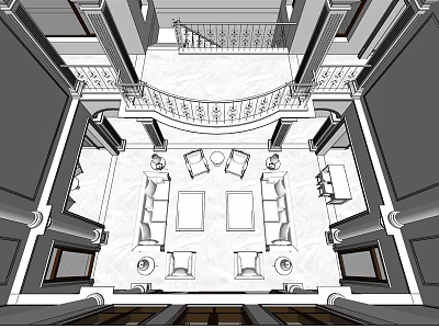 Bird's Eye View of Elegant Hall Interior With Staircase Sofas Coffee Tables and Columns 3d model