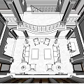 Bird's Eye View of Elegant Hall Interior With Staircase Sofas Coffee Tables and Columns