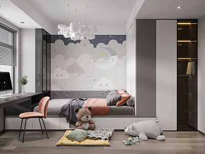 Modern Tatami Bedroom Interior Design With Cloud Star Mural Stuffed Toys And Desk Chair 3d model