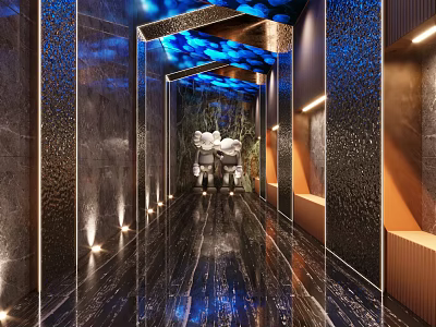 Modern KTV Corridor Interior With Blue Lighting Mirrored Walls And Glossy Floor 3d model