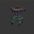 Stone Lantern with Blue Top Multi Layered Structure and Red Light in Traditional Design
