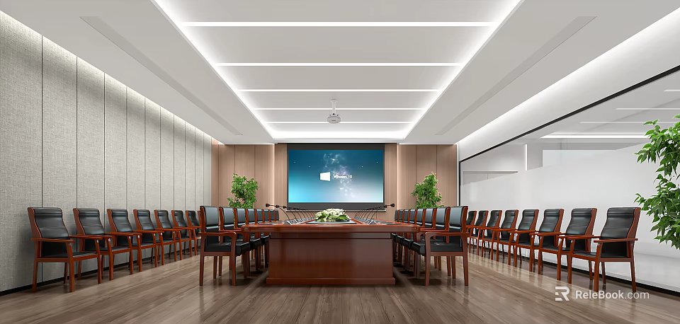 Modern Conference Room with Large Wooden Table Projection Screen Ergonomic Chairs and Green Plants 3d model 
