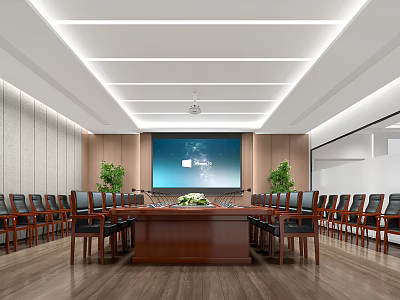 Modern Conference Room with Large Wooden Table Projection Screen Ergonomic Chairs and Green Plants 3d model